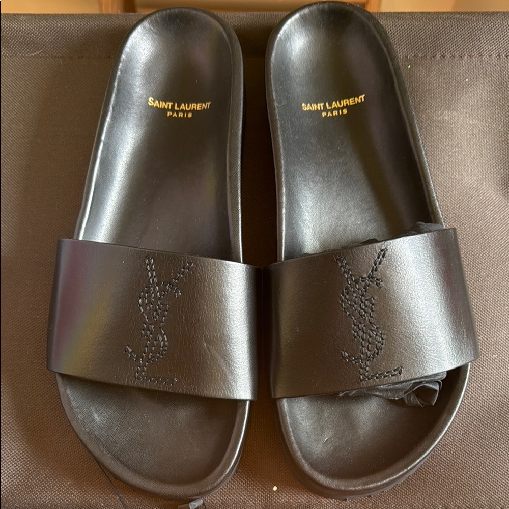 Saint Laurent Black Leather Slides